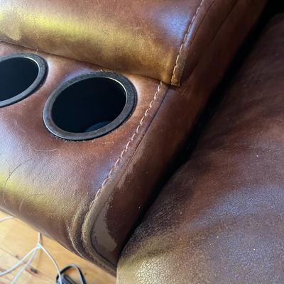 Sale Photo Thumbnail #61: Brown Sectional Sofa   6 Sections   Leather Seating Surface
Sofa Has wear spots and cat claw damage.  See Photos