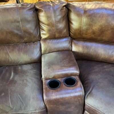 Sale Photo Thumbnail #71: Brown Sectional Sofa   6 Sections   Leather Seating Surface
Sofa Has wear spots and cat claw damage.  See Photos