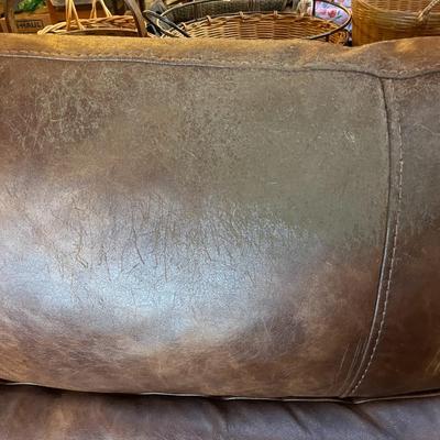 Sale Photo Thumbnail #64: Brown Sectional Sofa   6 Sections   Leather Seating Surface
Sofa Has wear spots and cat claw damage.  See Photos