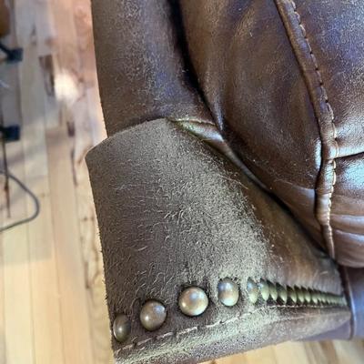 Sale Photo Thumbnail #66: Brown Sectional Sofa   6 Sections   Leather Seating Surface
Sofa Has wear spots and cat claw damage.  See Photos