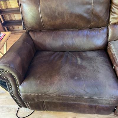 Sale Photo Thumbnail #70: Brown Sectional Sofa   6 Sections   Leather Seating Surface
Sofa Has wear spots and cat claw damage.  See Photos