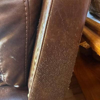 Sale Photo Thumbnail #65: Brown Sectional Sofa   6 Sections   Leather Seating Surface
Sofa Has wear spots and cat claw damage.  See Photos