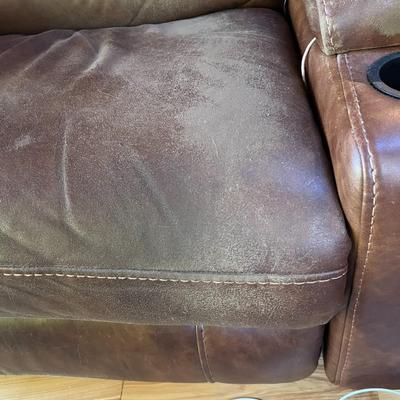 Sale Photo Thumbnail #69: Brown Sectional Sofa   6 Sections   Leather Seating Surface
Sofa Has wear spots and cat claw damage.  See Photos
