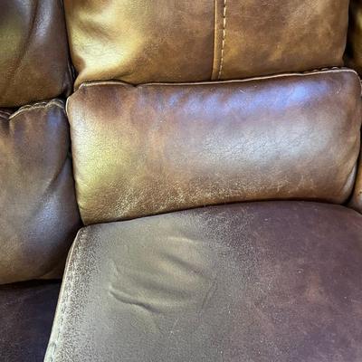 Sale Photo Thumbnail #59: Brown Sectional Sofa   6 Sections   Leather Seating Surface
Sofa Has wear spots and cat claw damage.  See Photos