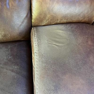 Sale Photo Thumbnail #58: Brown Sectional Sofa   6 Sections   Leather Seating Surface
Sofa Has wear spots and cat claw damage.  See Photos