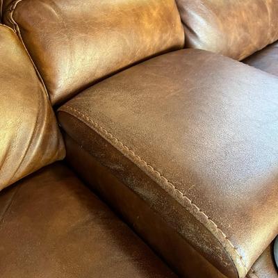 Sale Photo Thumbnail #62: Brown Sectional Sofa   6 Sections   Leather Seating Surface
Sofa Has wear spots and cat claw damage.  See Photos