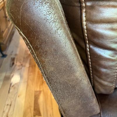 Sale Photo Thumbnail #67: Brown Sectional Sofa   6 Sections   Leather Seating Surface
Sofa Has wear spots and cat claw damage.  See Photos