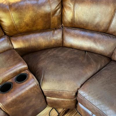 Sale Photo Thumbnail #72: Brown Sectional Sofa   6 Sections   Leather Seating Surface
Sofa Has wear spots and cat claw damage.  See Photos