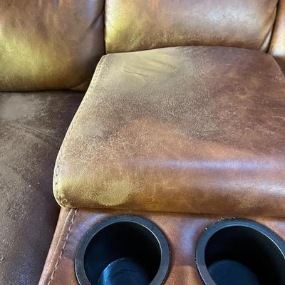 Sale Photo Thumbnail #60: Brown Sectional Sofa   6 Sections   Leather Seating Surface
Sofa Has wear spots and cat claw damage.  See Photos