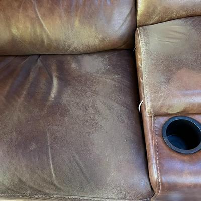 Sale Photo Thumbnail #68: Brown Sectional Sofa   6 Sections   Leather Seating Surface
Sofa Has wear spots and cat claw damage.  See Photos
