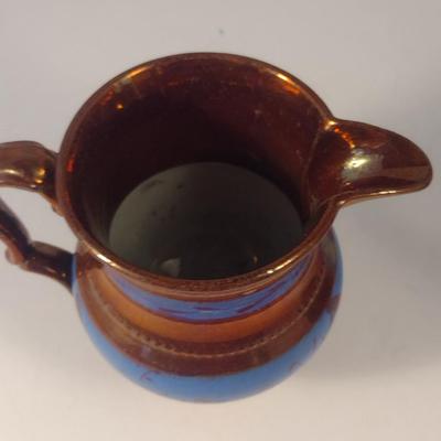 Sale Photo Thumbnail #601: Vintage English Lusterware Pitcher- Copper Color with Blue Bands- Approx 4" Tall