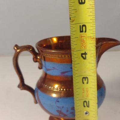 Sale Photo Thumbnail #603: Vintage English Lusterware Pitcher- Copper Color with Blue Bands- Approx 4" Tall