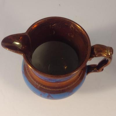 Sale Photo Thumbnail #599: Vintage English Lusterware Pitcher- Copper Color with Blue Bands- Approx 4" Tall