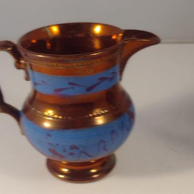 Sale Photo Thumbnail #600: Vintage English Lusterware Pitcher- Copper Color with Blue Bands- Approx 4" Tall