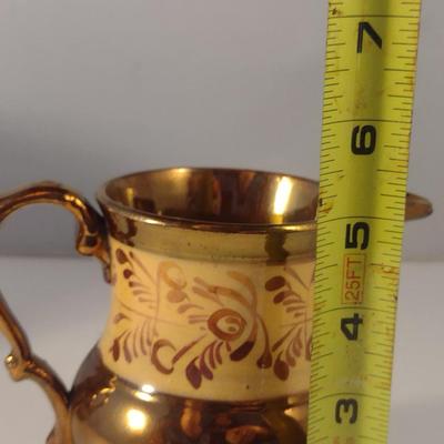 Sale Photo Thumbnail #616: Antique English Lusterware Pitcher- Copper Color with Cream Band- Approx 5" Tall