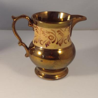 Sale Photo Thumbnail #614: Antique English Lusterware Pitcher- Copper Color with Cream Band- Approx 5" Tall
