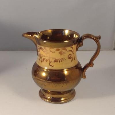 Sale Photo Thumbnail #612: Antique English Lusterware Pitcher- Copper Color with Cream Band- Approx 5" Tall