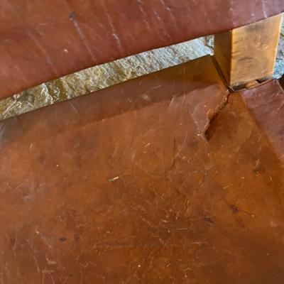 Sale Photo Thumbnail #118: Rustic Barstools with Wood Frame and Leather Seating Surface  Lot Of 5
Approximately Seating 26" High   Back 40" High  Damage to two of the Stools  See Photos