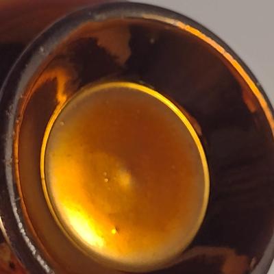 Sale Photo Thumbnail #622: Antique English Lusterware Pitcher- Copper Color with Blue Bands- Approx 6 1/2" Tall.  Item has chipping on rim and spout- please see all pictures.