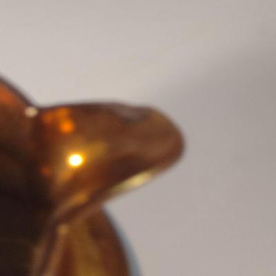 Sale Photo Thumbnail #626: Antique English Lusterware Pitcher- Copper Color with Blue Bands- Approx 6 1/2" Tall.  Item has chipping on rim and spout- please see all pictures.