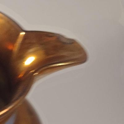 Sale Photo Thumbnail #621: Antique English Lusterware Pitcher- Copper Color with Blue Bands- Approx 6 1/2" Tall.  Item has chipping on rim and spout- please see all pictures.