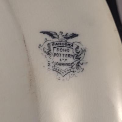 Sale Photo Thumbnail #647: Vintage Soho Pottery Serving Platter- Pandora Pattern- Approx 13 3/4" Wide.  Item has chipping- please see all pictures.