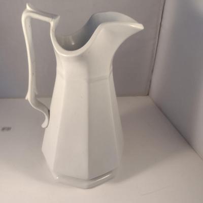 Sale Photo Thumbnail #657: J. Wedgwood Ironstone China Pitcher- Approx 11 1/2" Tall.  Item has crack on handle- please see all pictures.