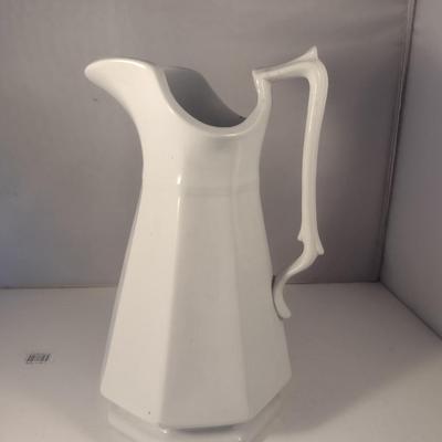 Sale Photo Thumbnail #656: J. Wedgwood Ironstone China Pitcher- Approx 11 1/2" Tall.  Item has crack on handle- please see all pictures.