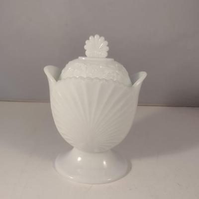 Sale Photo Thumbnail #663: Vintage Milk Glass Vanity Jar with Lid