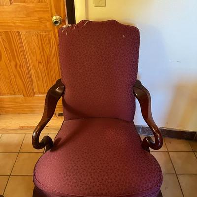 Sale Photo Thumbnail #137: Queen Anne Style Armchair with Cabriole Legs and Burgundy Upholstered Seat and Back.  Note Damage to back