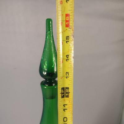 Sale Photo Thumbnail #699: Vintage Emerald Green Crackle Finish Art Glass Decanter with Stopper- Possibly Blenko 920M- Approx 16 1/8" Tall