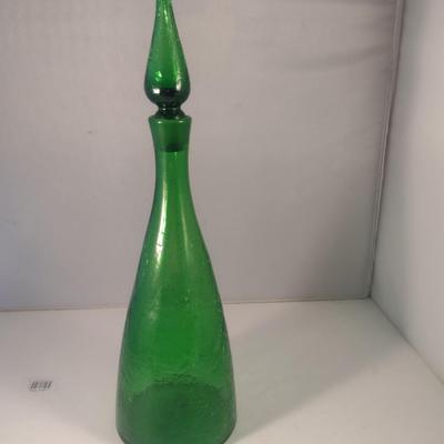 Sale Photo Thumbnail #697: Vintage Emerald Green Crackle Finish Art Glass Decanter with Stopper- Possibly Blenko 920M- Approx 16 1/8" Tall