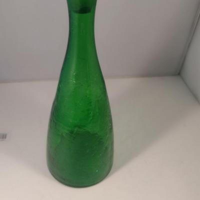 Sale Photo Thumbnail #698: Vintage Emerald Green Crackle Finish Art Glass Decanter with Stopper- Possibly Blenko 920M- Approx 16 1/8" Tall