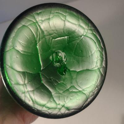 Sale Photo Thumbnail #702: Vintage Emerald Green Crackle Finish Art Glass Decanter with Stopper- Possibly Blenko 920M- Approx 16 1/8" Tall