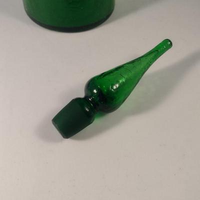 Sale Photo Thumbnail #701: Vintage Emerald Green Crackle Finish Art Glass Decanter with Stopper- Possibly Blenko 920M- Approx 16 1/8" Tall