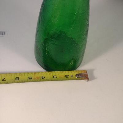 Sale Photo Thumbnail #700: Vintage Emerald Green Crackle Finish Art Glass Decanter with Stopper- Possibly Blenko 920M- Approx 16 1/8" Tall