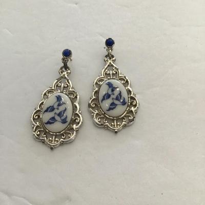 Sale Photo Thumbnail #72: Vintage, silver tone, ceramic bluebird earrings. Please see attached photos note has some wear blemishes.