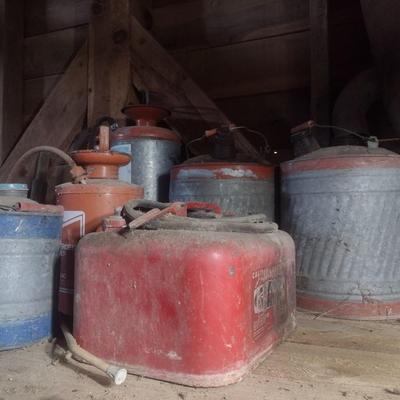 Collection of Vintage Metal and Galvanized Fuel Cans and Other Choice A