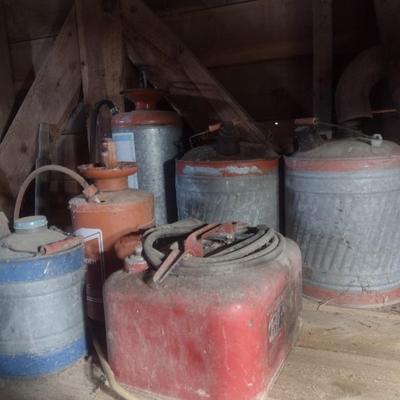 Collection of Vintage Metal and Galvanized Fuel Cans and Other Choice A
