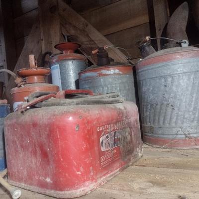 Collection of Vintage Metal and Galvanized Fuel Cans and Other Choice A
