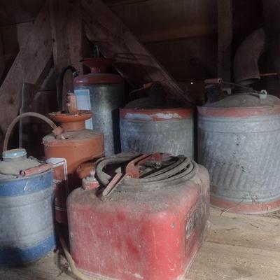 Collection of Vintage Metal and Galvanized Fuel Cans and Other Choice A