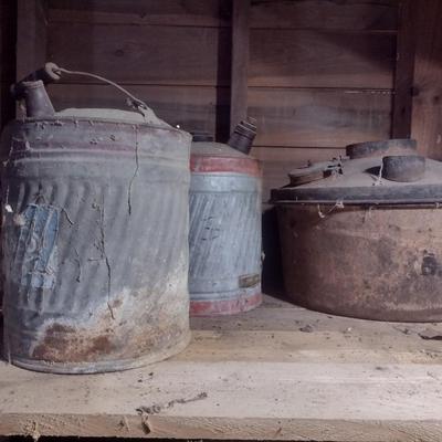 Collection of Vintage Metal and Galvanized Fuel Cans and Other Choice B