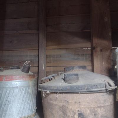 Collection of Vintage Metal and Galvanized Fuel Cans and Other Choice B