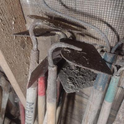 Collection of Hoes and Rakes Various Sizes and Head Shapes