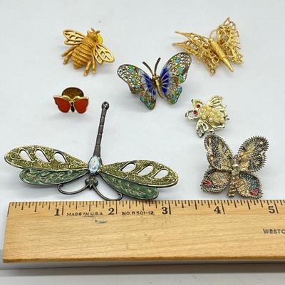 LOT 19: Butterfly, Dragonfly and Bumblebee Vintage Brooches/Pins - One is marked 800 Silver