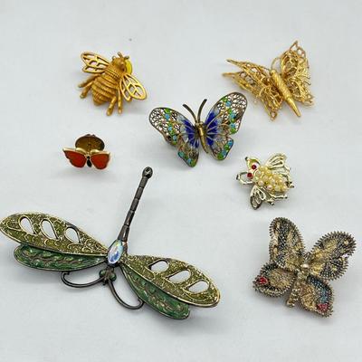 LOT 19: Butterfly, Dragonfly and Bumblebee Vintage Brooches/Pins - One is marked 800 Silver