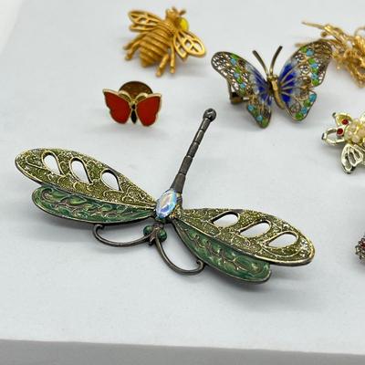 LOT 19: Butterfly, Dragonfly and Bumblebee Vintage Brooches/Pins - One is marked 800 Silver