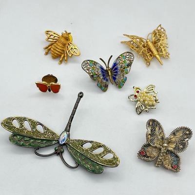 LOT 19: Butterfly, Dragonfly and Bumblebee Vintage Brooches/Pins - One is marked 800 Silver