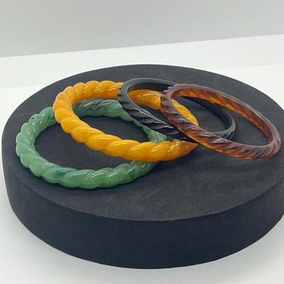 LOT 41: Vintage Art Deco Bakelite Style Bracelets with Carved Rope Motif