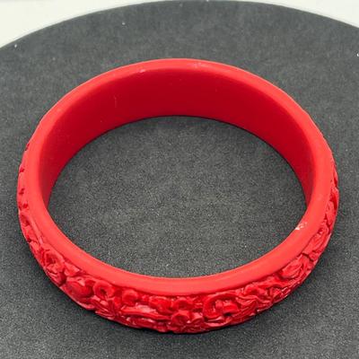 LOT 47: Vintage Carved Chinese Cinnabar Bracelets, Medallion, Pin and Trinket Box